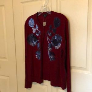 J Crew cardigan sweater. Size XL burgundy with navy embellishments.